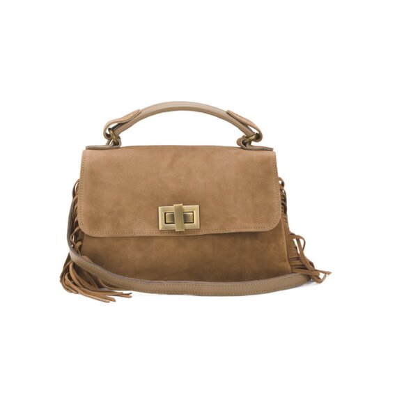 MARLON Taupe Made In Italy Suede Flap Over Small Satchel With Corner Fringe